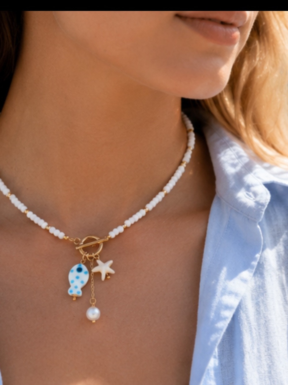 Beach Charm Choker Necklace White Beads Fish Starfish Pearl Gold Tone - Picture 3 of 4